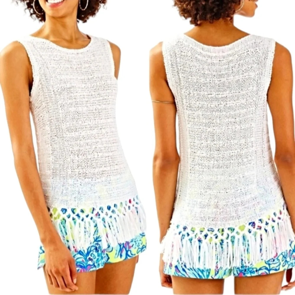Lilly Pulitzer Luca Open Knit Fringe Trim Blouse White Size XS